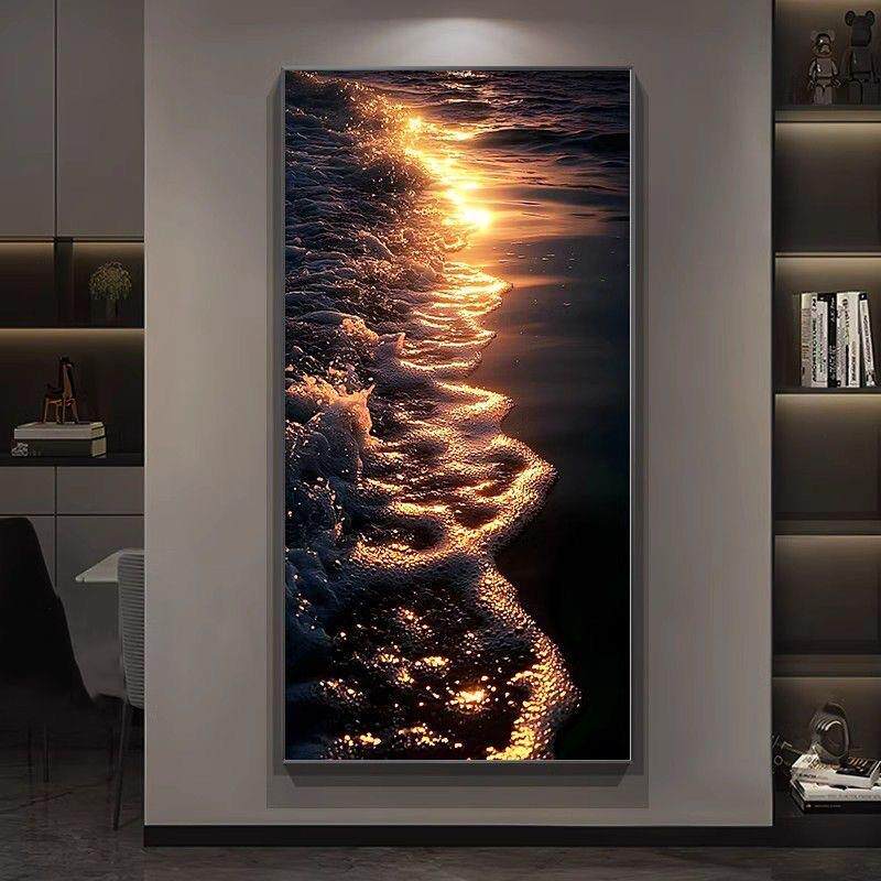 轻奢高级感入户玄关装饰画简约现代走廊过道尽头带灯挂画海浪壁画