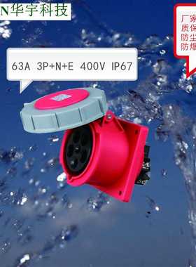 供应 63A5P400V大电流防尘防水IP67面板暗装工业插座HY-4351