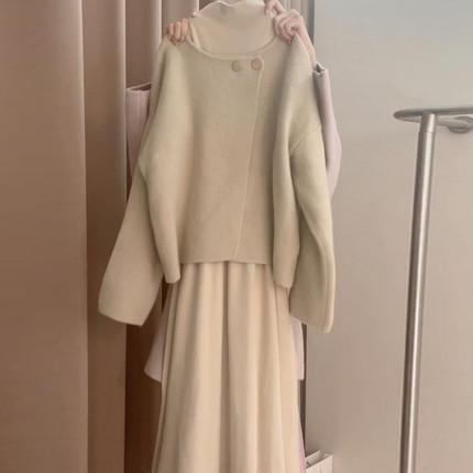 2024新款半高领针织连衣裙子女秋冬季慵懒高级感内搭毛衣套装长裙