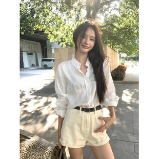 衬衫 春季 白色亚麻polo领长袖 女装 上衣 设计感宽松衬衣气质薄款 开衫