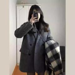 黑灰色短款西装毛呢外套女秋冬季高级感2024新款羊毛羊绒呢子大衣
