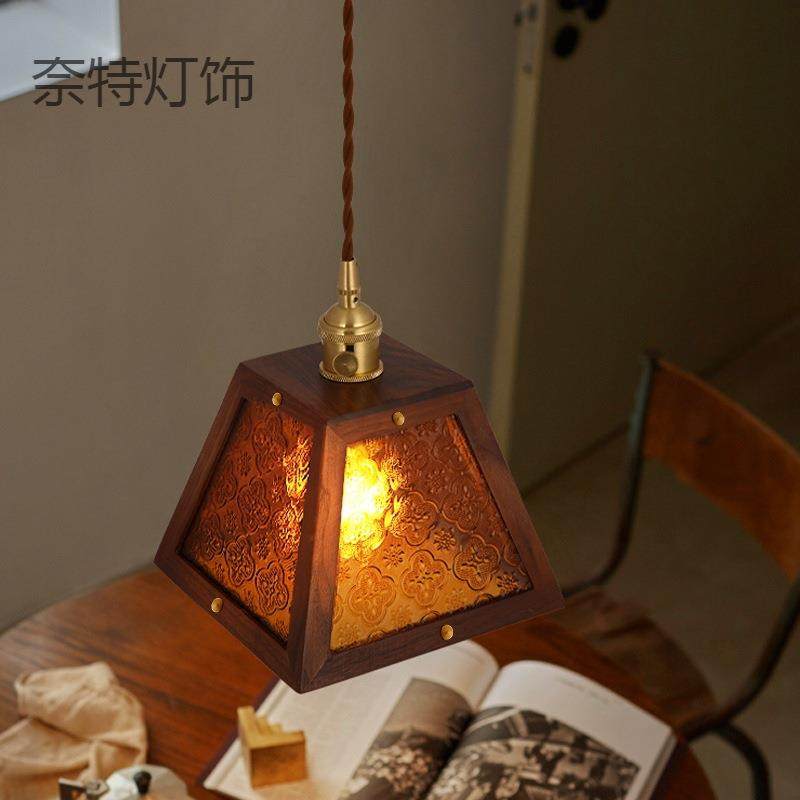 复古老上海彩色花纹海棠玻璃胡桃木床头卧室吧台餐厅走廊过道吊灯
