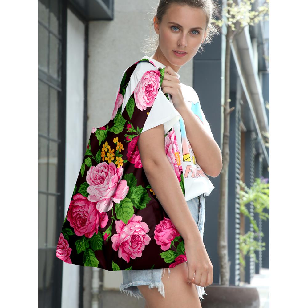 黑底红花折叠购物袋女大容量便携ins风手提包买菜旅行单肩包