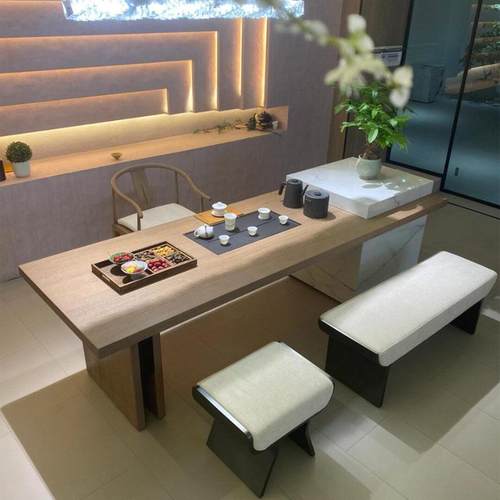 新中式岩板茶桌轻奢现代高级感黑胡桃木嵌入式茶盘实木功夫茶台