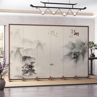 仿碳晶木折叠屏风遮挡入户玄关家用移动山水背景墙办公座屏 新中式