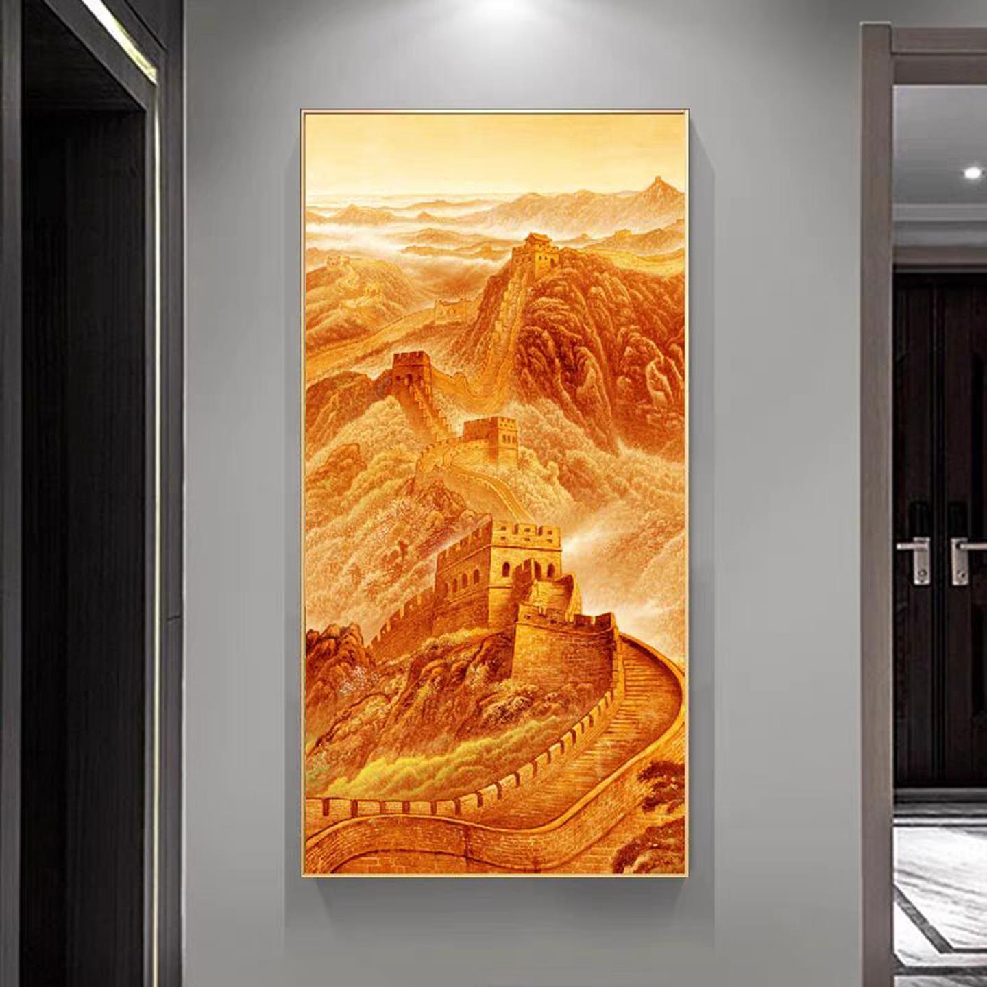 万里长城画靠山图办公室挂画玄关过道走廊尽头无水画镇宅竖版金色