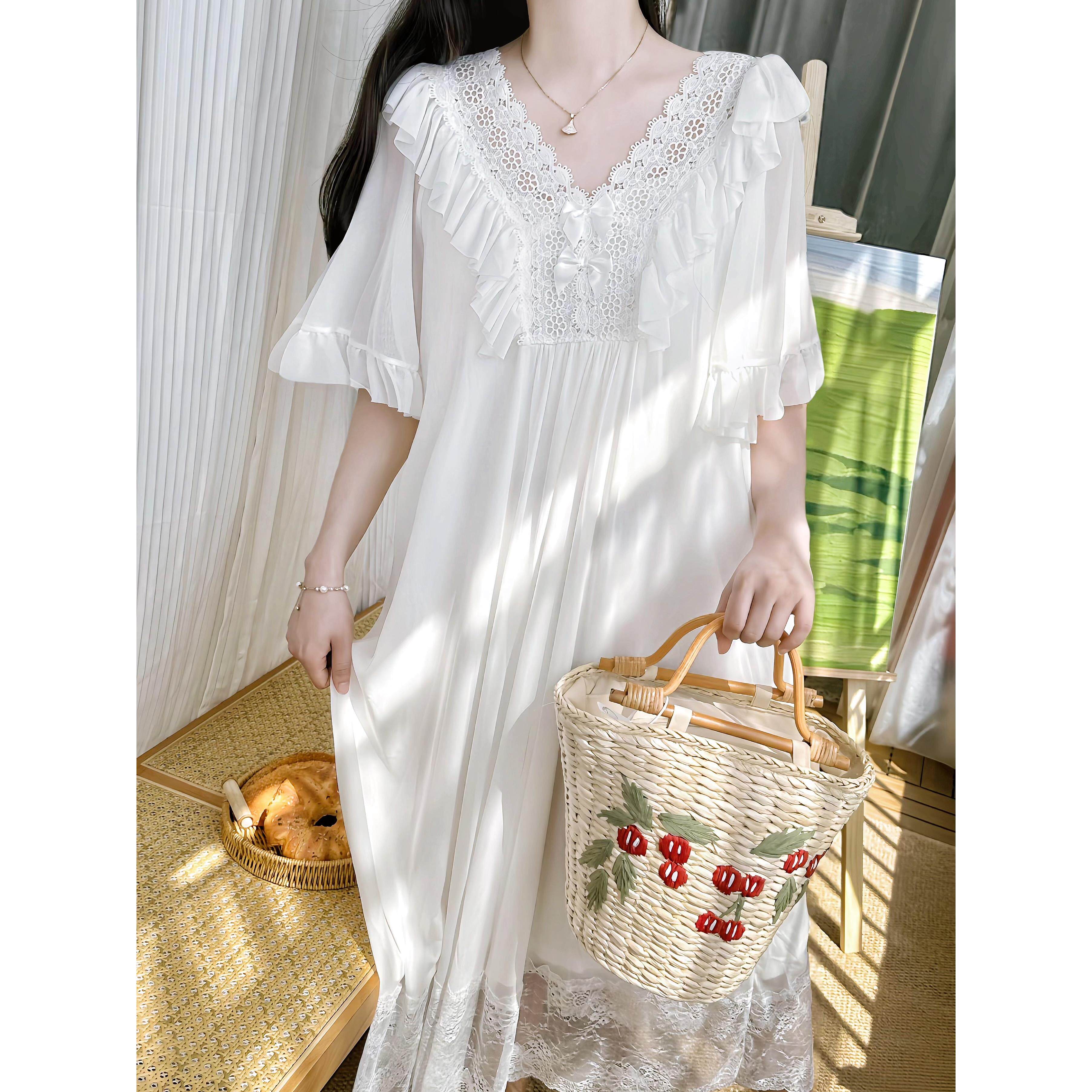 夏季法式宫廷风莫代尔睡裙女蕾丝网纱甜美公主风短袖睡衣家居服