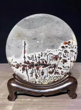 国画草花天然奇石花瓶笔筒四方柱实木底座摆件办公室玄关镇宅石头