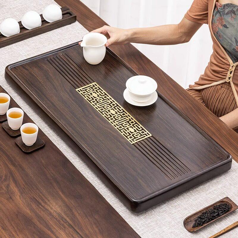整块黑檀木茶盘实木简约现代家用茶台原木茶海长方形排水功夫茶具
