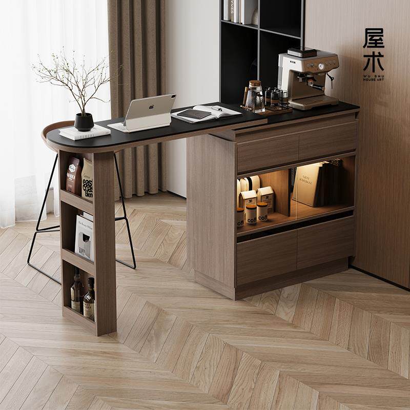 屋术意式极简吧台桌家用客厅伸缩一体岩板餐柜小户型实木隔断柜