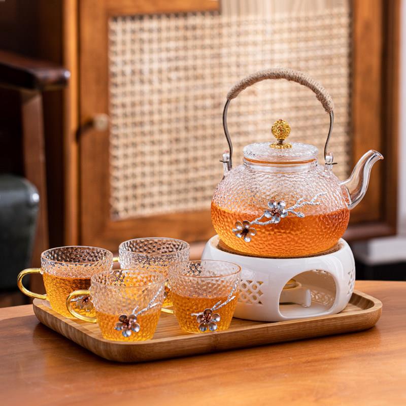 玻璃茶壶套装精品茶具贴花锤纹壶加厚手工水果养生茶具提梁煮茶壶