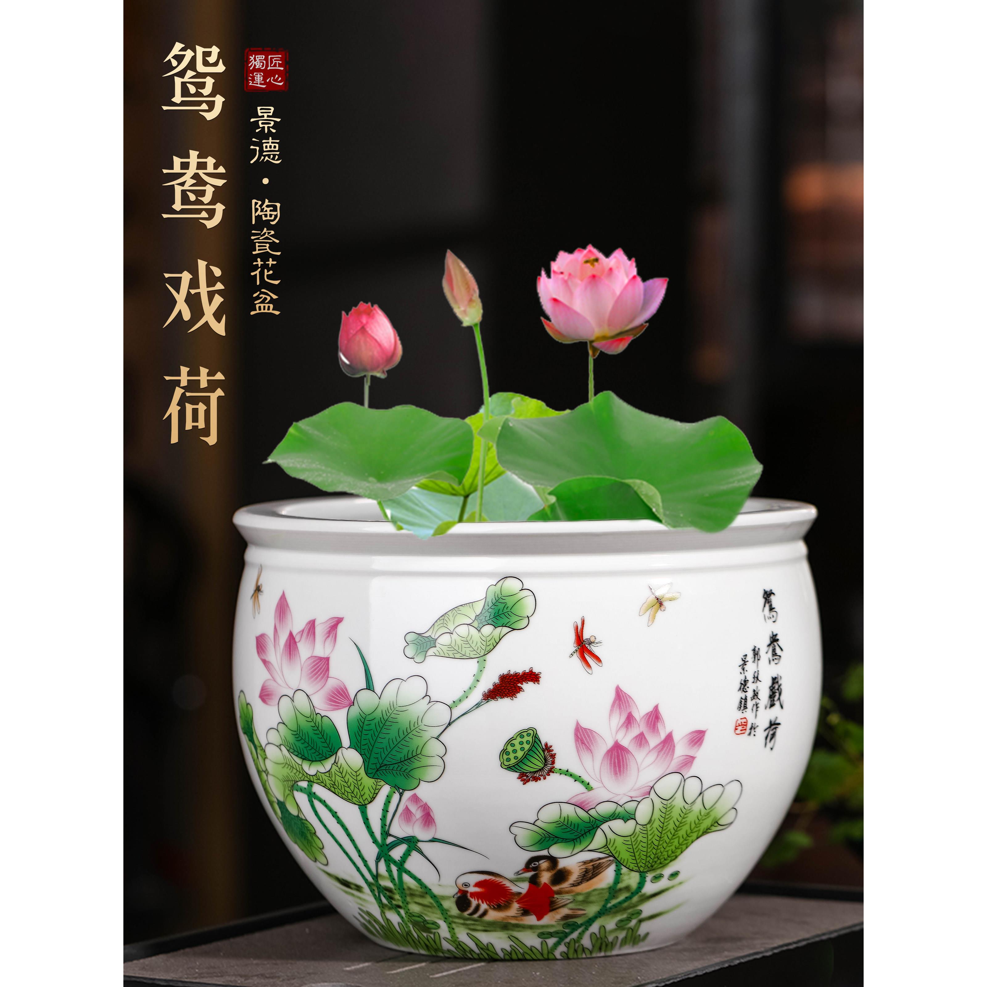 景德镇陶瓷器粉彩花盆大号水培碗莲睡莲铜钱草绿萝盆栽庭院金鱼缸