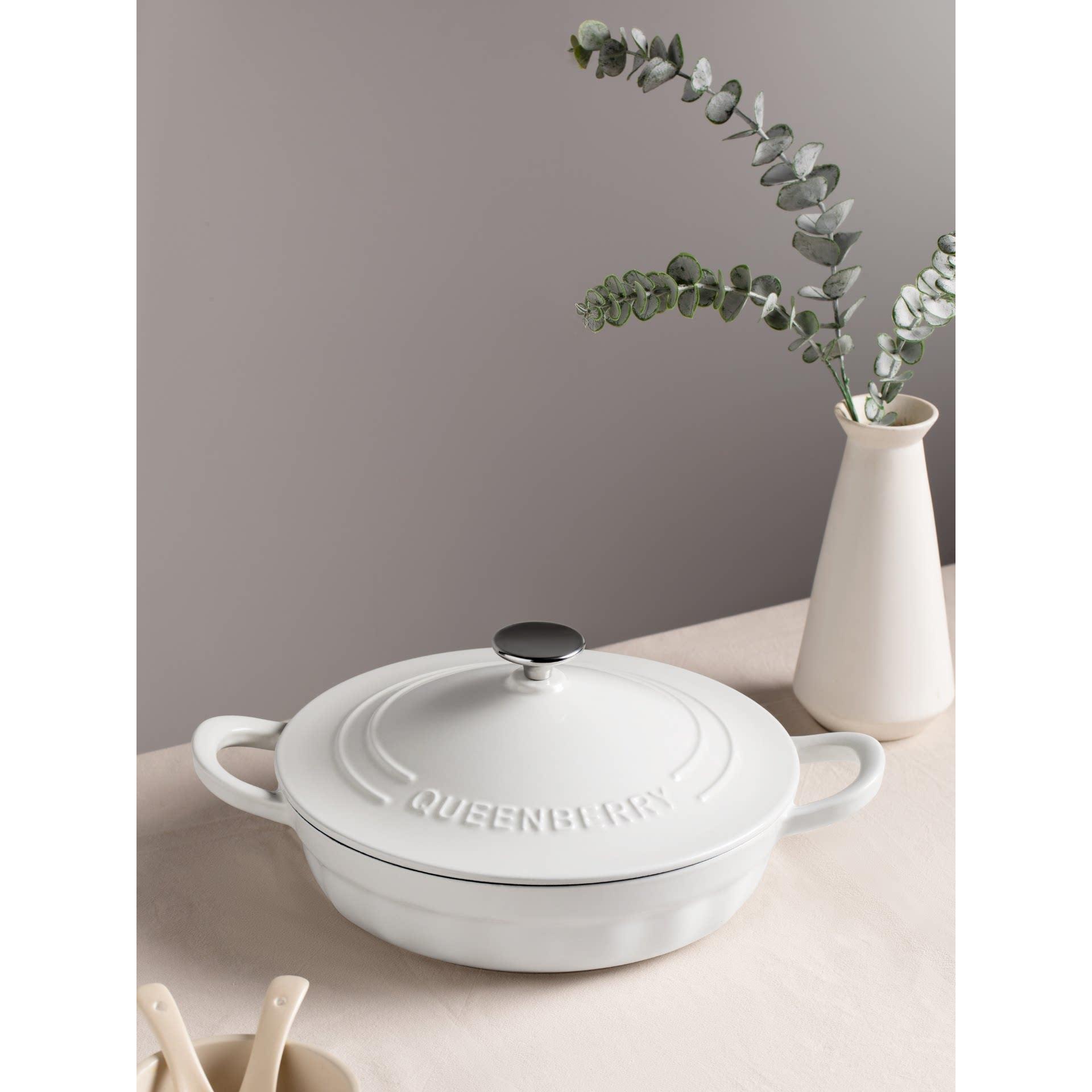 QUEENBERRY库白铸铁珐琅锅海鲜锅煎炸炖平底锅家用多功能火锅28cm