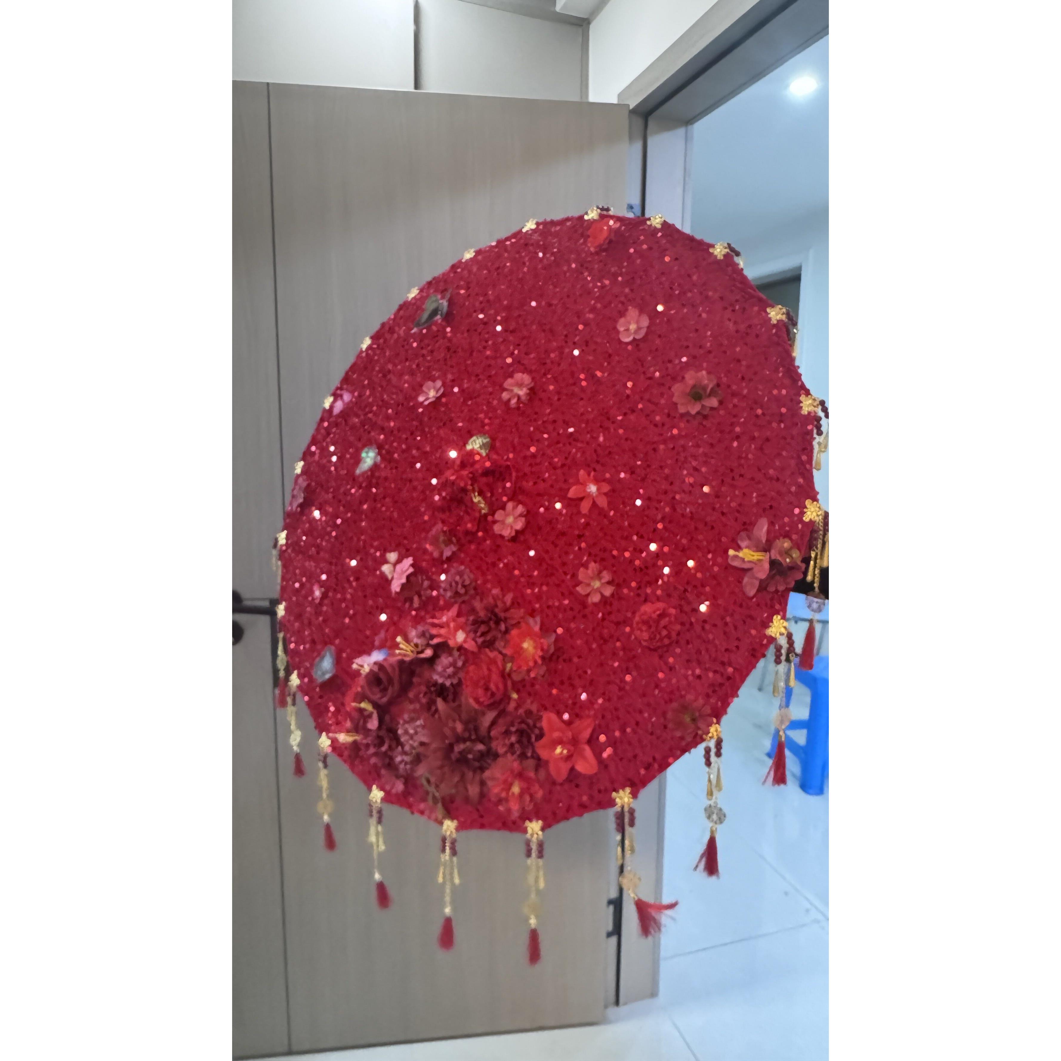 新款红色亮片花朵伞中式蝴蝶婚伞结婚新娘流苏出嫁婚礼出嫁伞