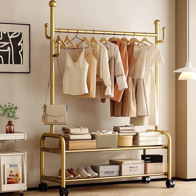 挂衣架可移动晾衣架衣帽架落地阳台卧室内衣服收纳层架家用双层置