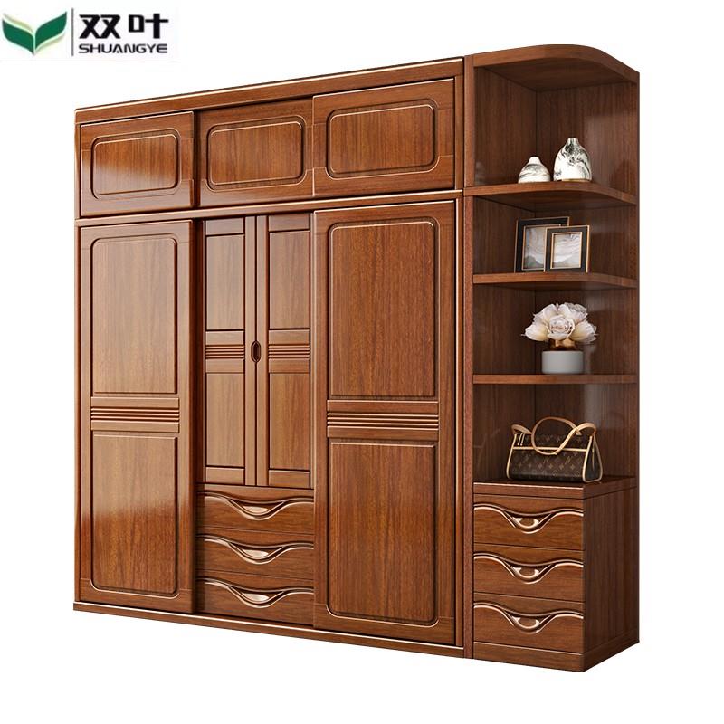 双叶官方正品胡桃木实木推拉门衣柜家用卧室全实木现代简约储物大
