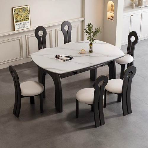 法式实木岩板餐桌高端中古风覆古吃饭桌子家用小户型折叠可变圆桌