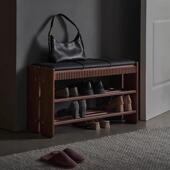 美国黑胡桃木换鞋 凳 架软包进门穿鞋 凳家用门口实木鞋 柜可坐入户鞋