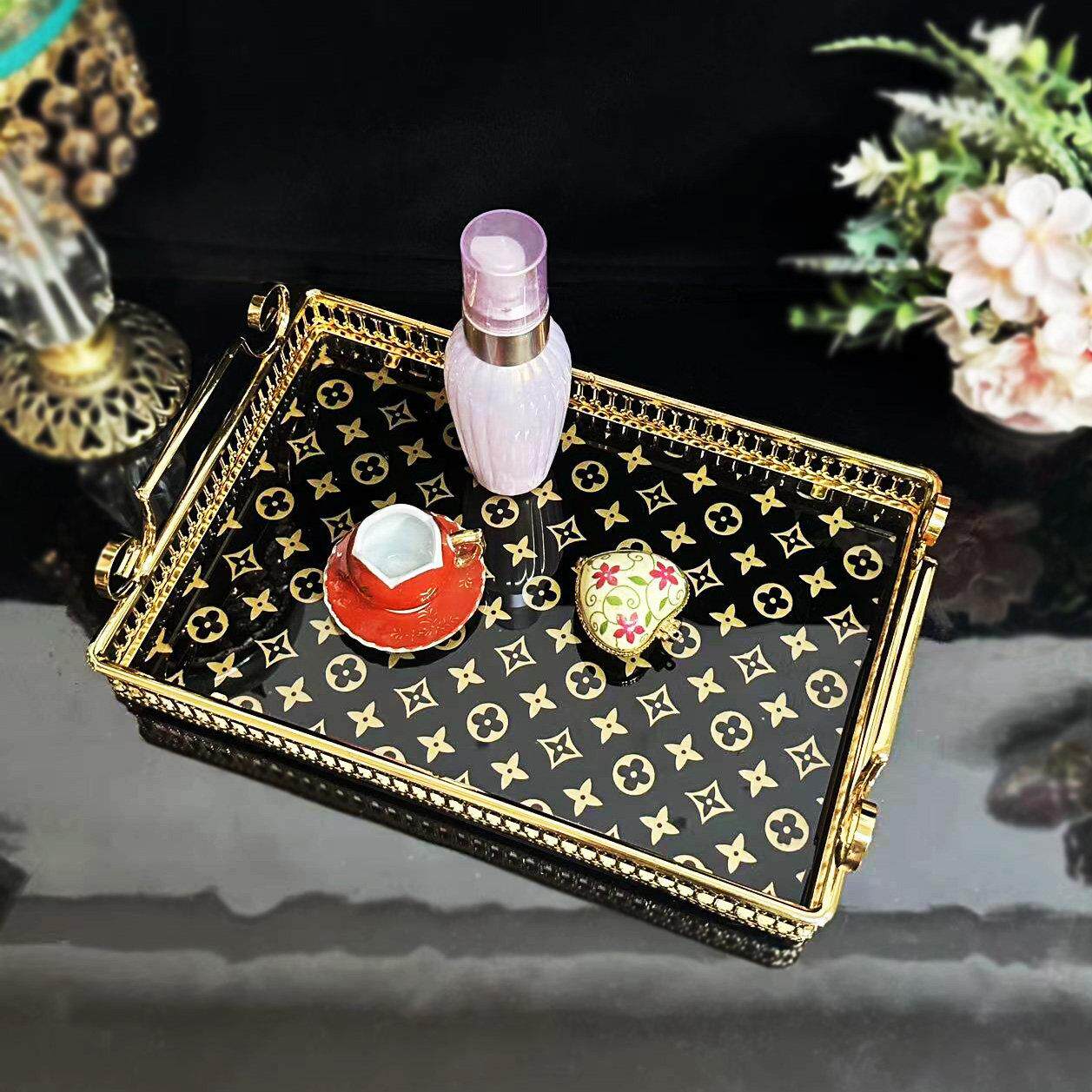 欧式轻奢金色边框经典花色铁艺玻璃托盘家居装饰茶盘收纳盘把手