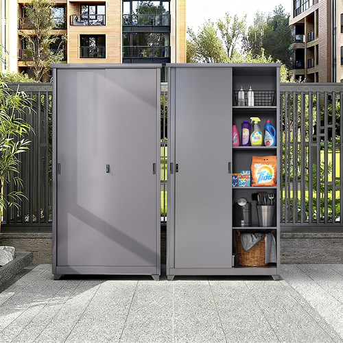 户外推拉门储物柜防水防晒阳台家用钢制收纳柜庭院室外置物工具柜