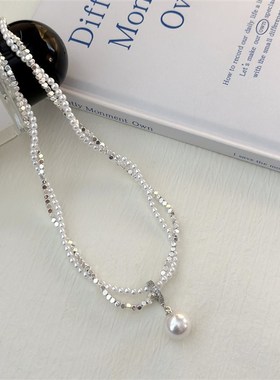 轻奢小众设计感高级碎银子珍珠麻花双层项链女 轻奢双层锁骨链
