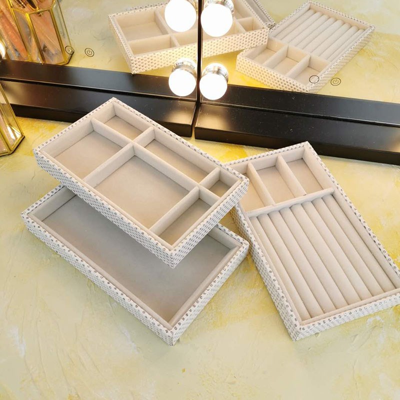 大号米色耳环戒指展示盘多功能珠子项链收纳盒首饰绒盒抽屉手镯盘
