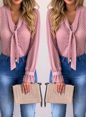 Women New Faion Elegant Chiffon Blouses Long Sleeve VNeck