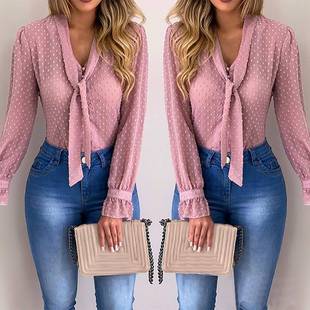 Elegant Chiffon Blouses Women Sleeve Faion Long VNeck New