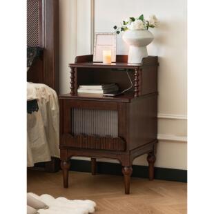 法式覆古实木床头柜带灯核桃木胡桃色中古风床边45cm收纳储物柜子