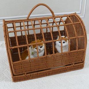 猫笼外出手提猫笼仿藤编织篮猫窝猫篮子车载宠物笼猫屋遛猫篮 新品
