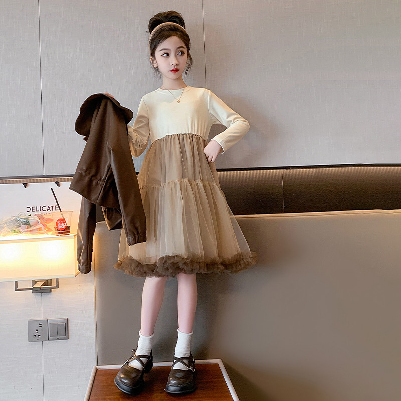 极速女童套装裙2023春秋新款洋派网红童装女孩时髦皮衣公主裙两件