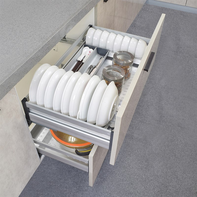 橱柜厨房碗篮拉篮 抽屉式双层定制太空铝合金碗碟拉篮侧装收纳架