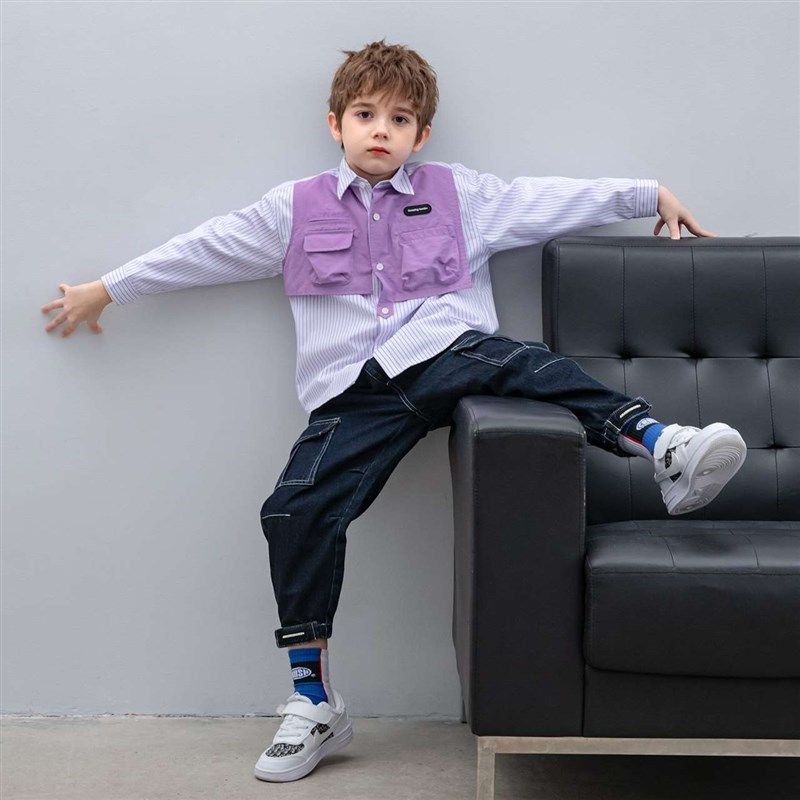 AB童装男童衬衫2023春秋新款中大童宽松拼色上衣儿童洋气长袖衬衣