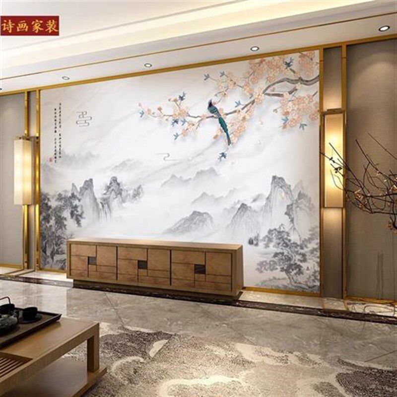 热销新中式花鸟电视背景墙布客厅影视墙沙发防水壁画床头装饰无缝