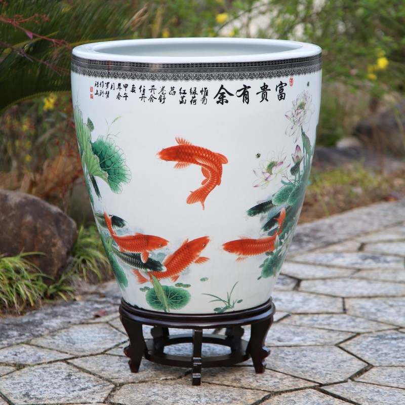 热销大容量陶瓷鱼缸字画卷收纳筒加高荷花缸景德镇客厅造景饭店蓄