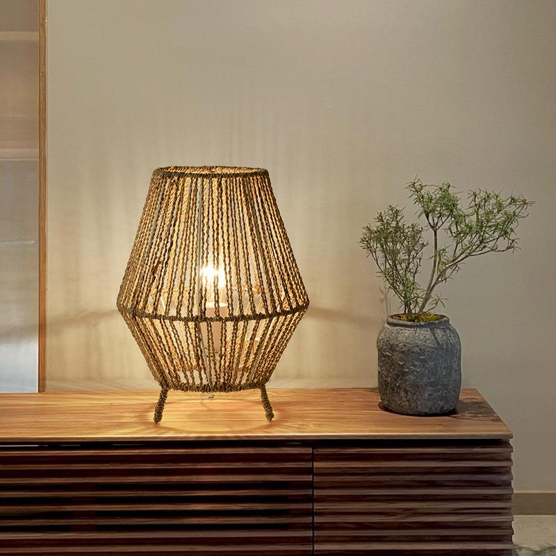 北欧竹编台灯复古民宿卧室床头装饰灯中古客厅书房手工编织氛围灯