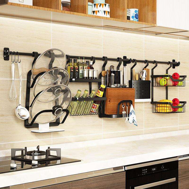 不锈钢厨房置物架壁挂式免打孔黑色沥水篮碗碟架收纳架调料置物架