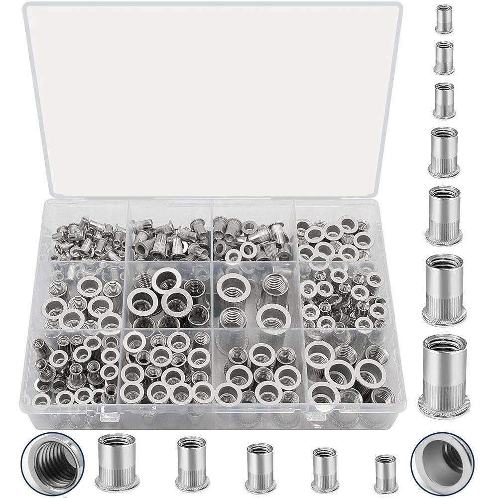 跨境 300PCS盒装 M3-M12/304不锈钢平头螺纹铆钉螺母组合套件