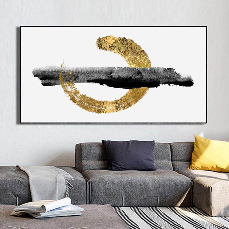 新中式水墨抽象横幅壁画金箔创意现代客厅装饰画沙发墙画卧室挂画