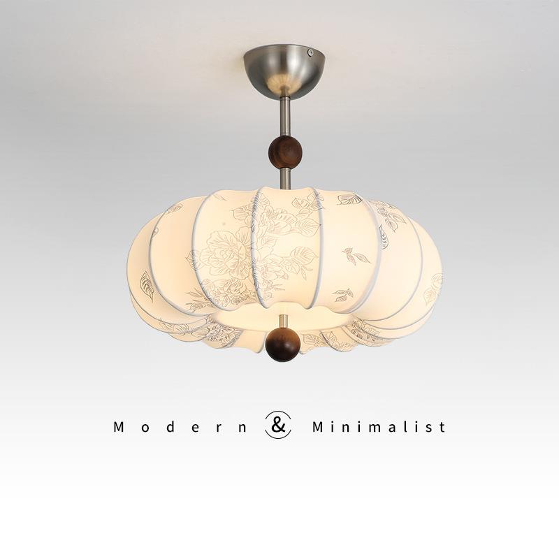 中古卧室灯实木南瓜吊灯法式风卧室花纹布艺灯复古风复古吊灯