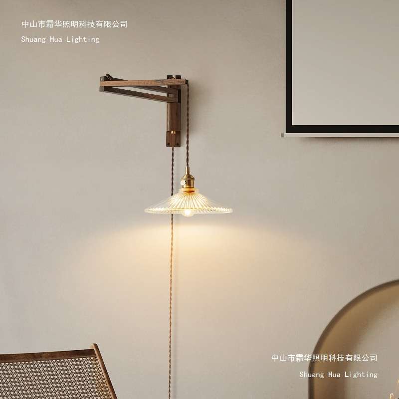 卧室床头壁灯免布线日式全铜胡桃木玻璃折叠旋转房间墙壁书桌灯