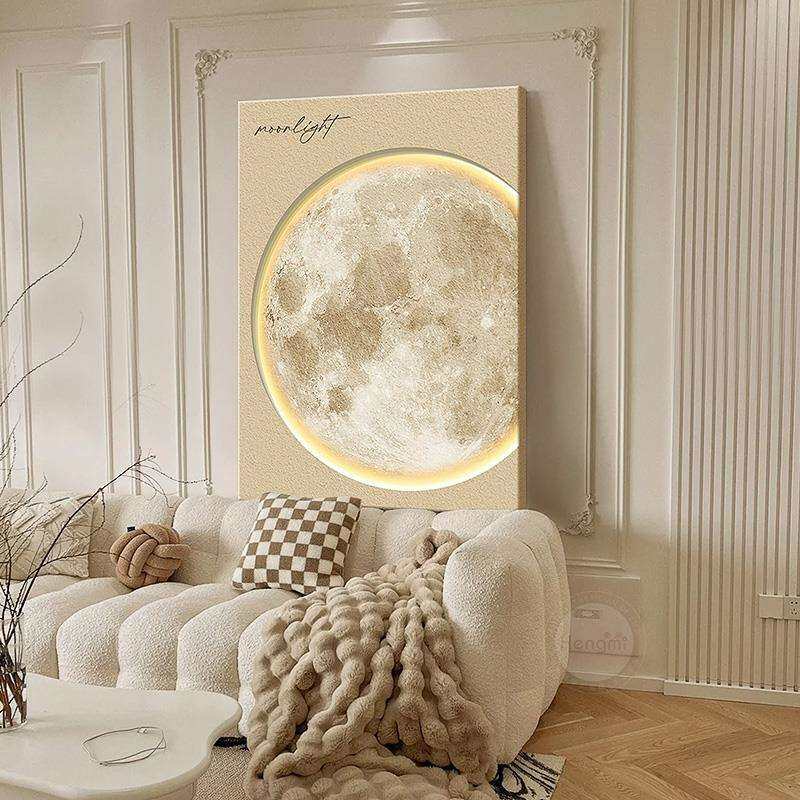 奶油风客厅装饰画大幅壁灯画月球砂岩玄关挂画原木风沙发墙落地画