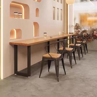 设计师餐厅实木矮吧台桌简约靠墙桌椅组合商用面馆铁艺长条窄桌子