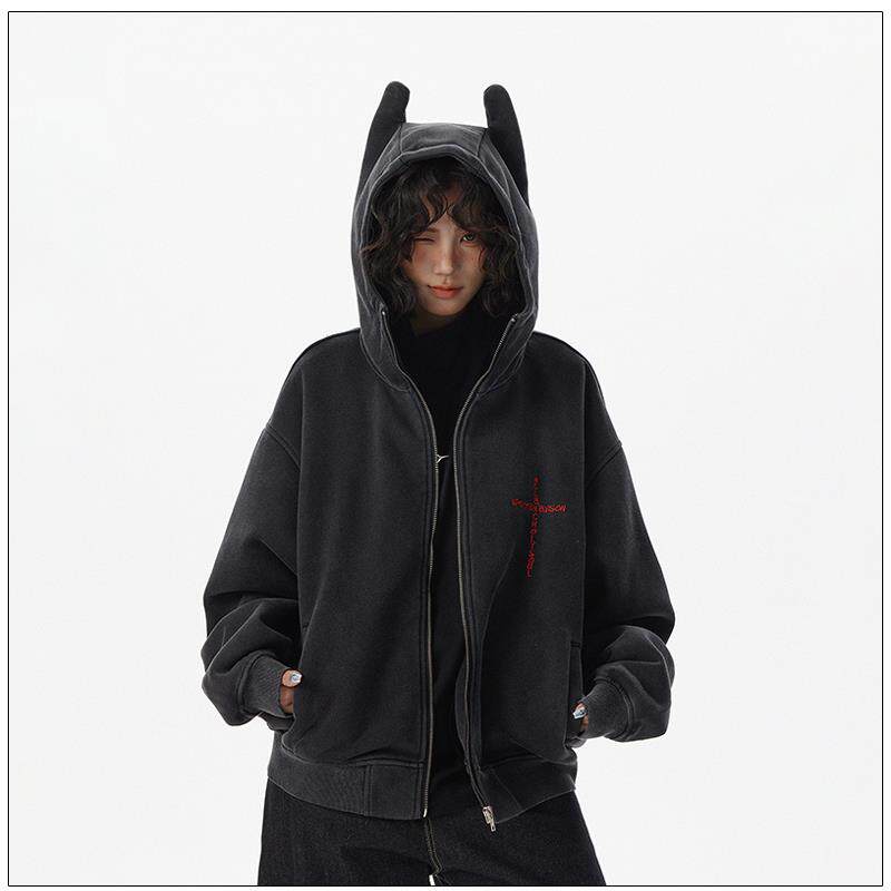 达蒙岛秋冬新款小众设计水洗做旧小恶魔连帽卫衣女拉链开衫外套潮