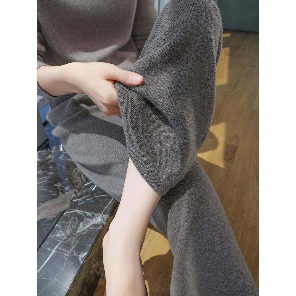秋冬100%纯羊毛针织阔腿裤女外穿高腰口袋加厚羊绒拖地直筒长裤