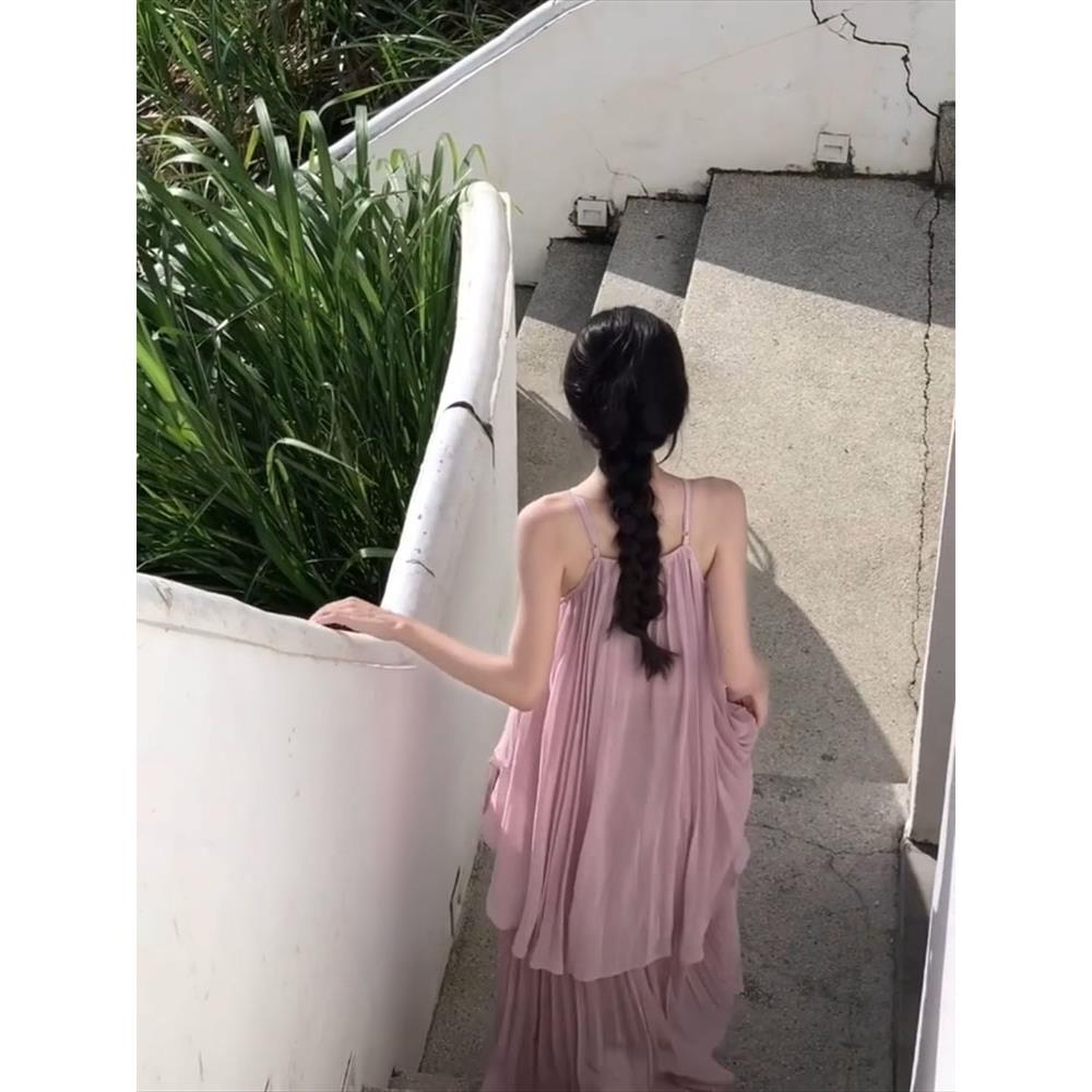 海边度假雪纺长裙法式超仙紫色吊带上衣百褶半身裙两件套装连衣裙