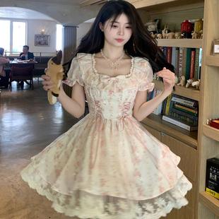 溫柔甜美小個子碎花連衣裙女夏花邊系帶千金感收腰蓬蓬公主短裙子