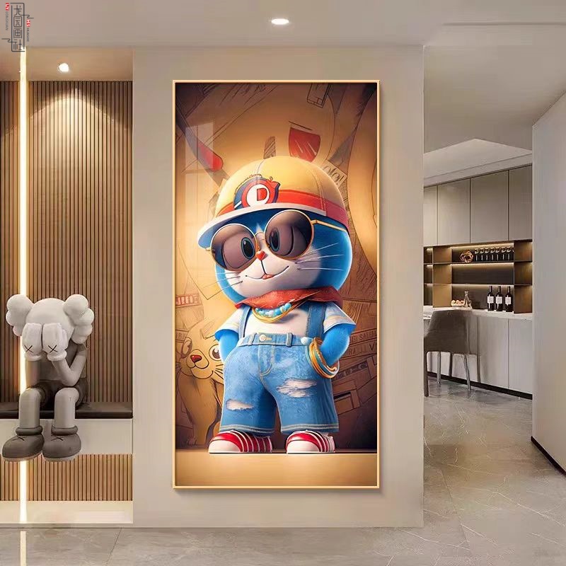 萌版招财机器猫玄关装饰画现代简约卡通哆啦A梦客厅走廊过道挂画图片