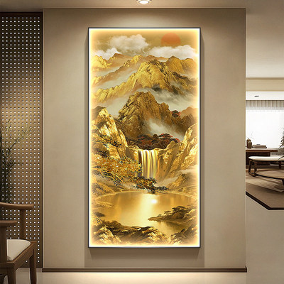 宋代美学金山玄关装饰画聚宝盆走廊过道挂画流水生财入户带灯壁画
