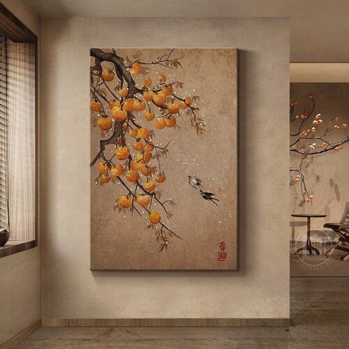 柿柿如意玄关装饰画2026柿柿如意餐厅挂画高级感入户门客厅壁画
